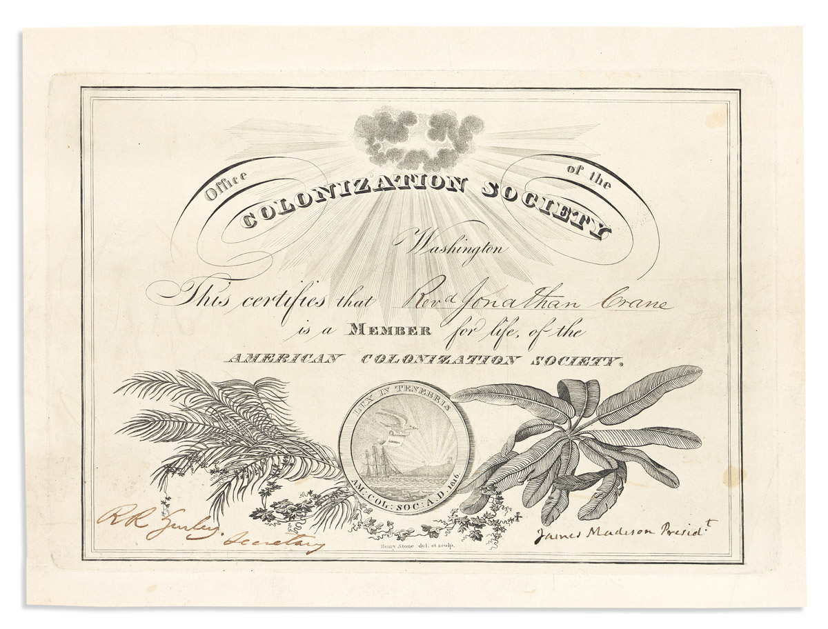 MADISON, JAMES. Partly-printed Document Signed, James Madison, Presidt, as President of the American Colonization Society,